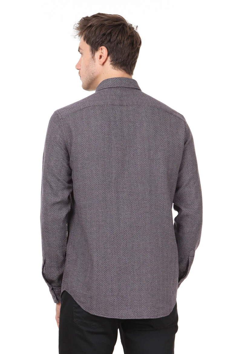 Lila Desenli Regular Fit Dokuma Casual %100 Pamuk Gömlek - 4