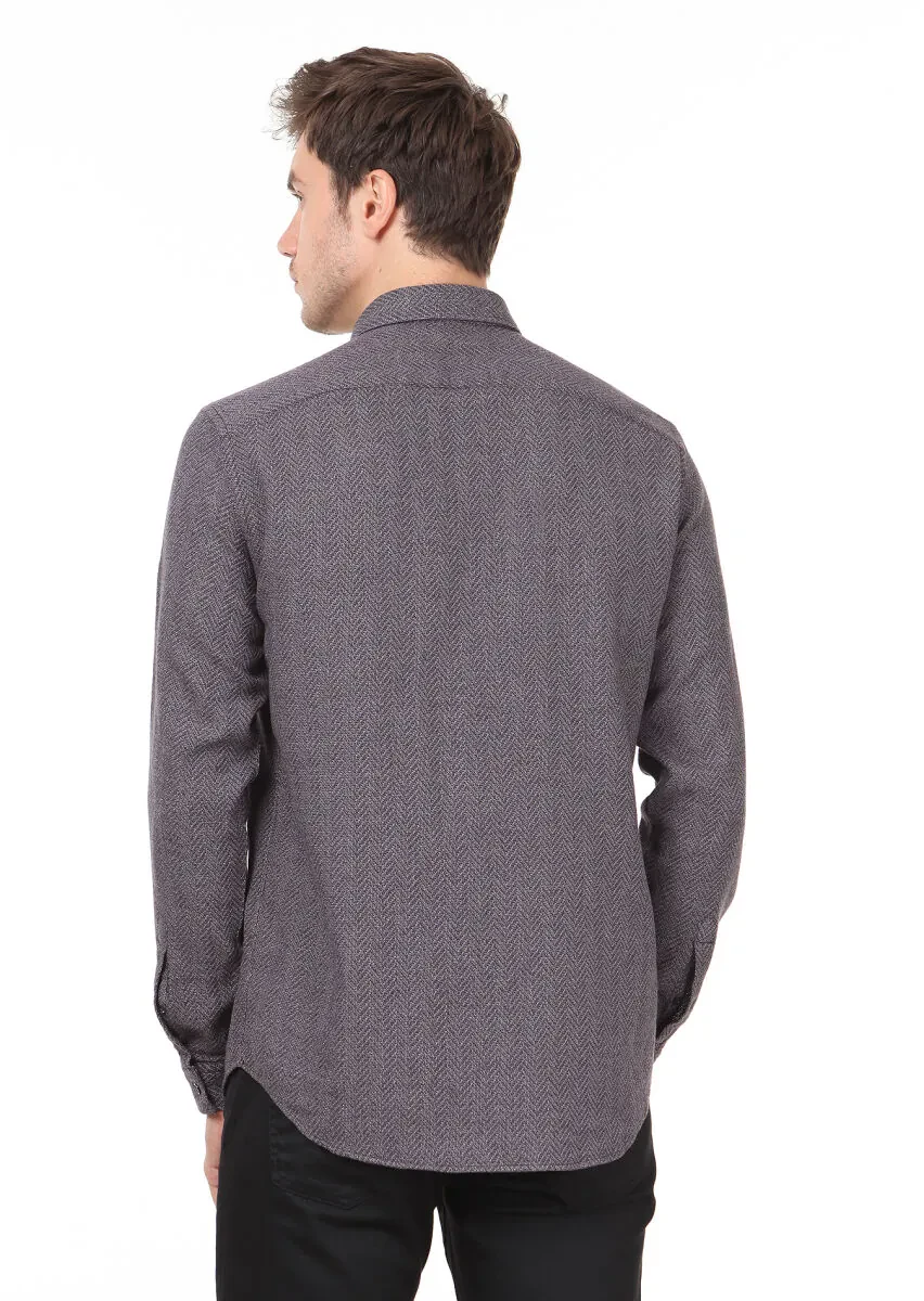 Lila Desenli Regular Fit Dokuma Casual %100 Pamuk Gömlek - 4