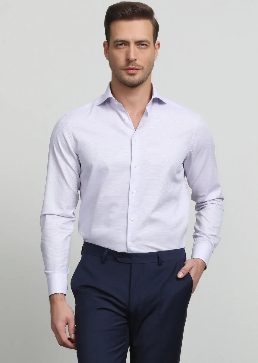 Lila Desenli Regular Fit Dokuma Klasik %100 Pamuk Gömlek - 1