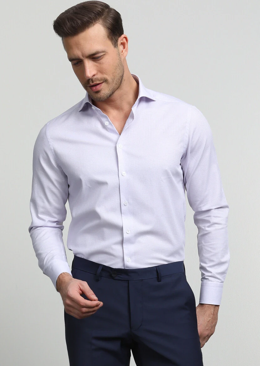 Lila Desenli Regular Fit Dokuma Klasik %100 Pamuk Gömlek - 3