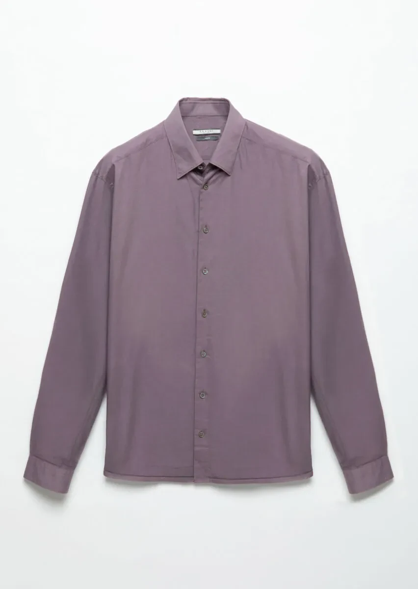 Lila Düz Casual Fit Dokuma Casual Pamuk Karışımlı Gömlek - 6