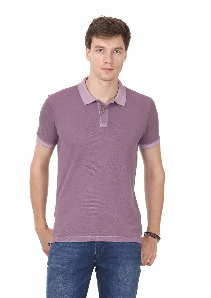 Lila Düz Polo Yaka %100 Pamuk T-Shirt - 1