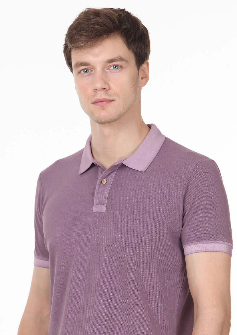 Lila Düz Polo Yaka %100 Pamuk T-Shirt 
