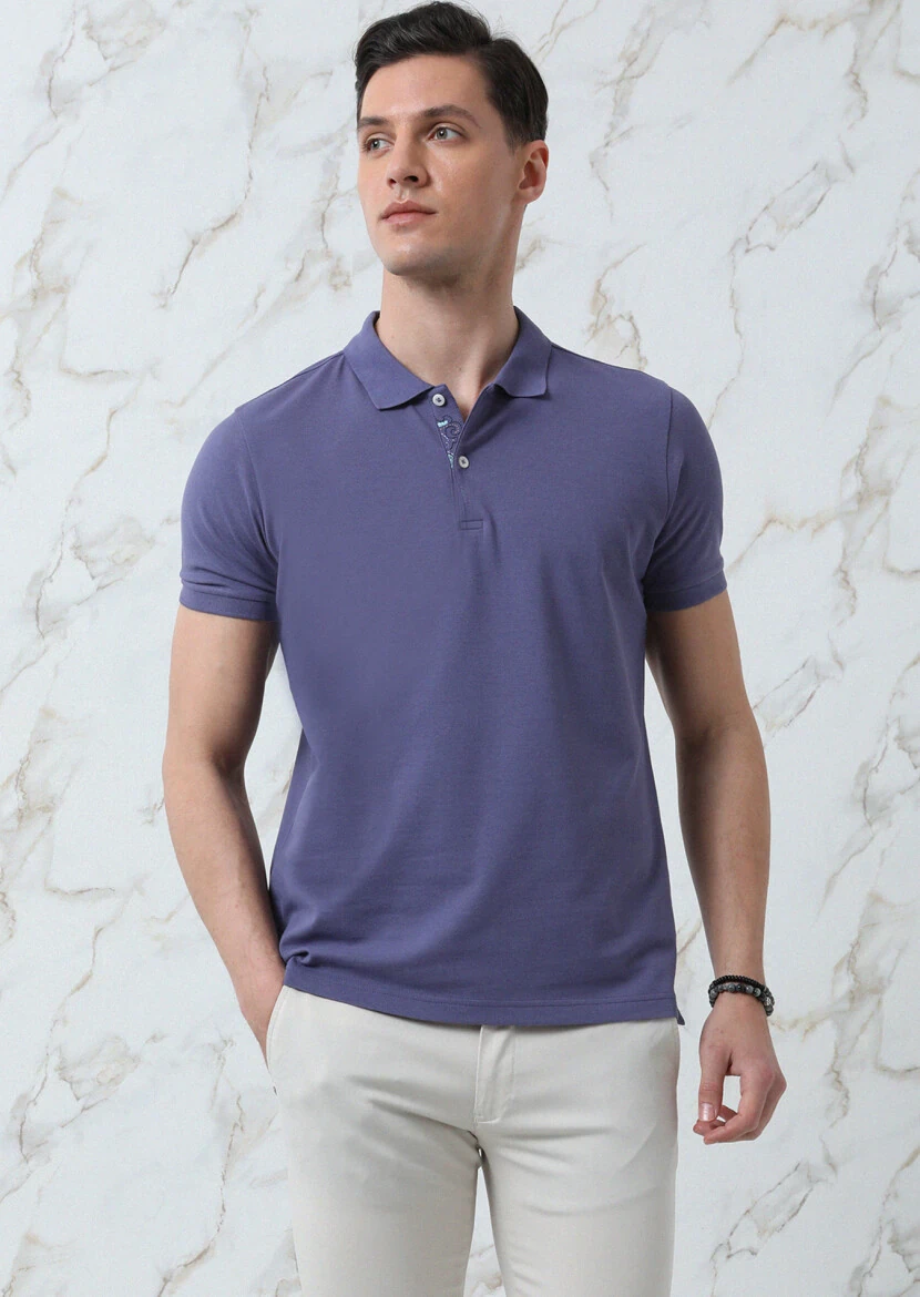 Lila Düz Polo Yaka %100 Pamuk T-Shirt - 1