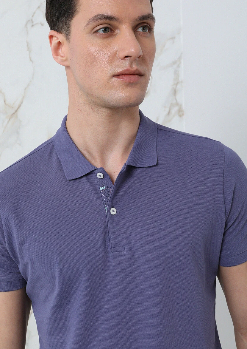 Lila Düz Polo Yaka %100 Pamuk T-Shirt 