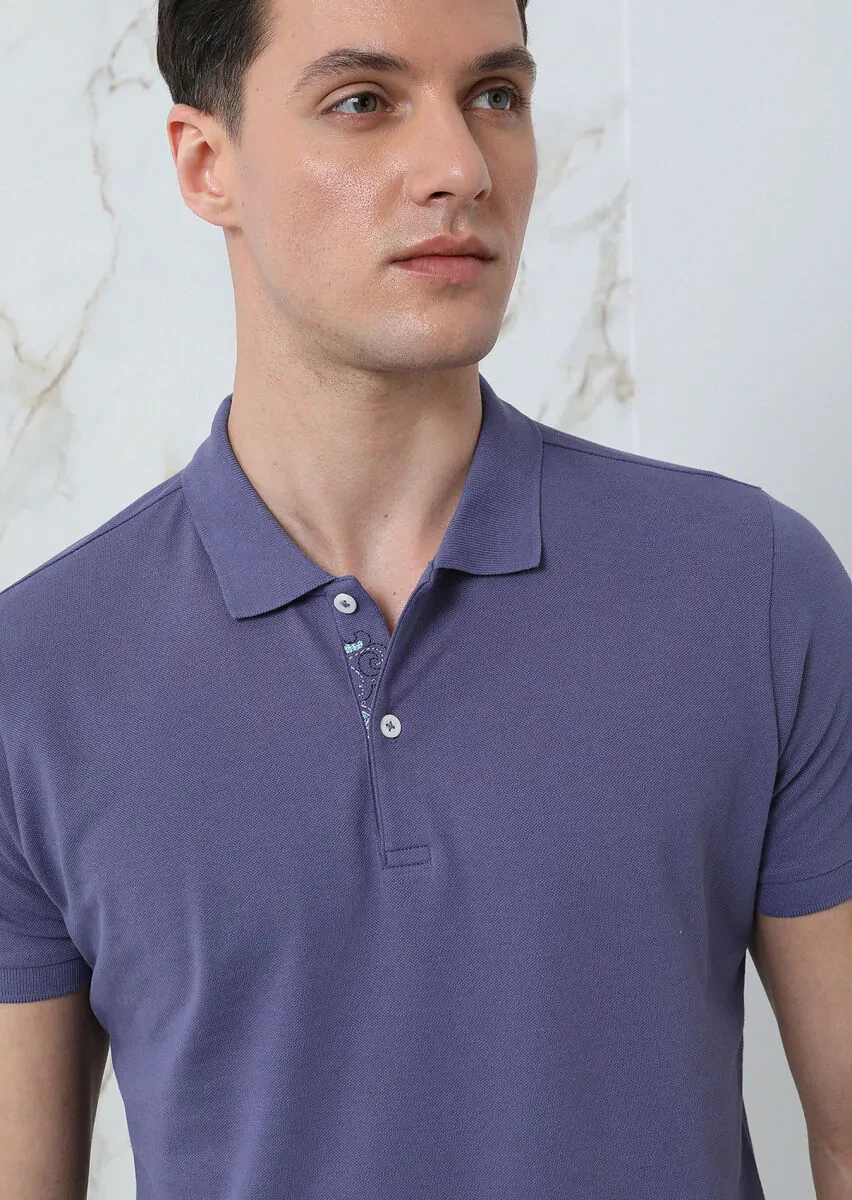 Lila Düz Polo Yaka %100 Pamuk T-Shirt - 2