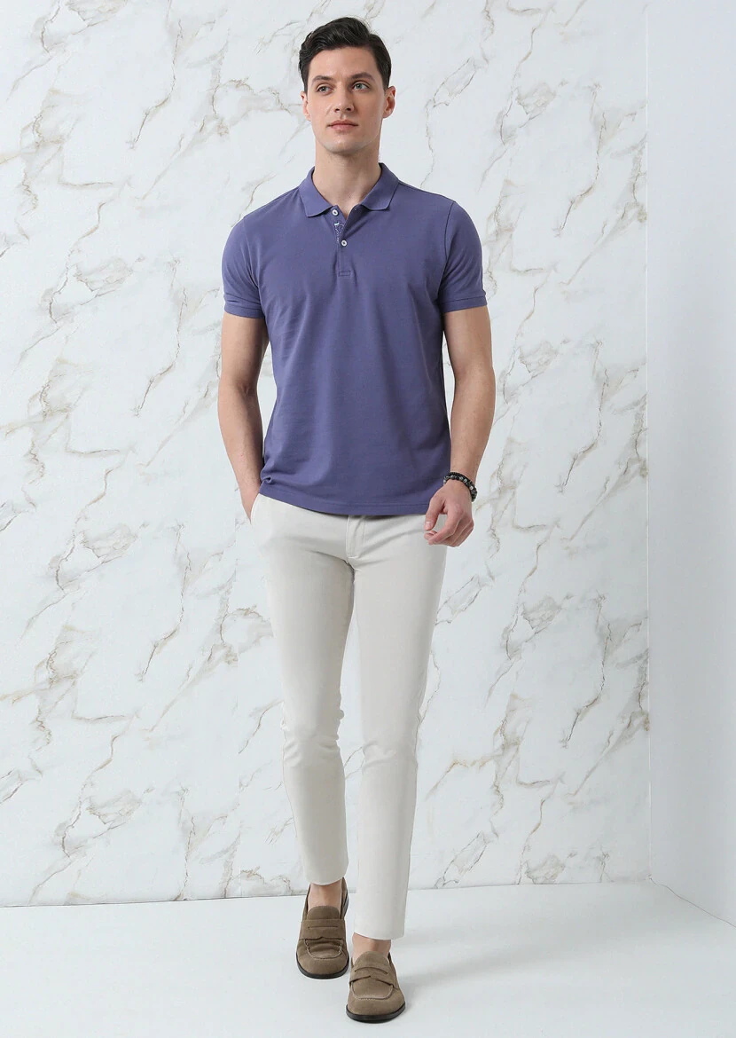 Lila Düz Polo Yaka %100 Pamuk T-Shirt - 3