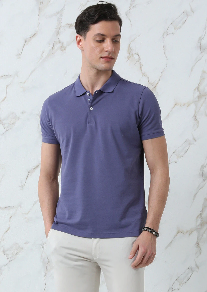 Lila Düz Polo Yaka %100 Pamuk T-Shirt - 4