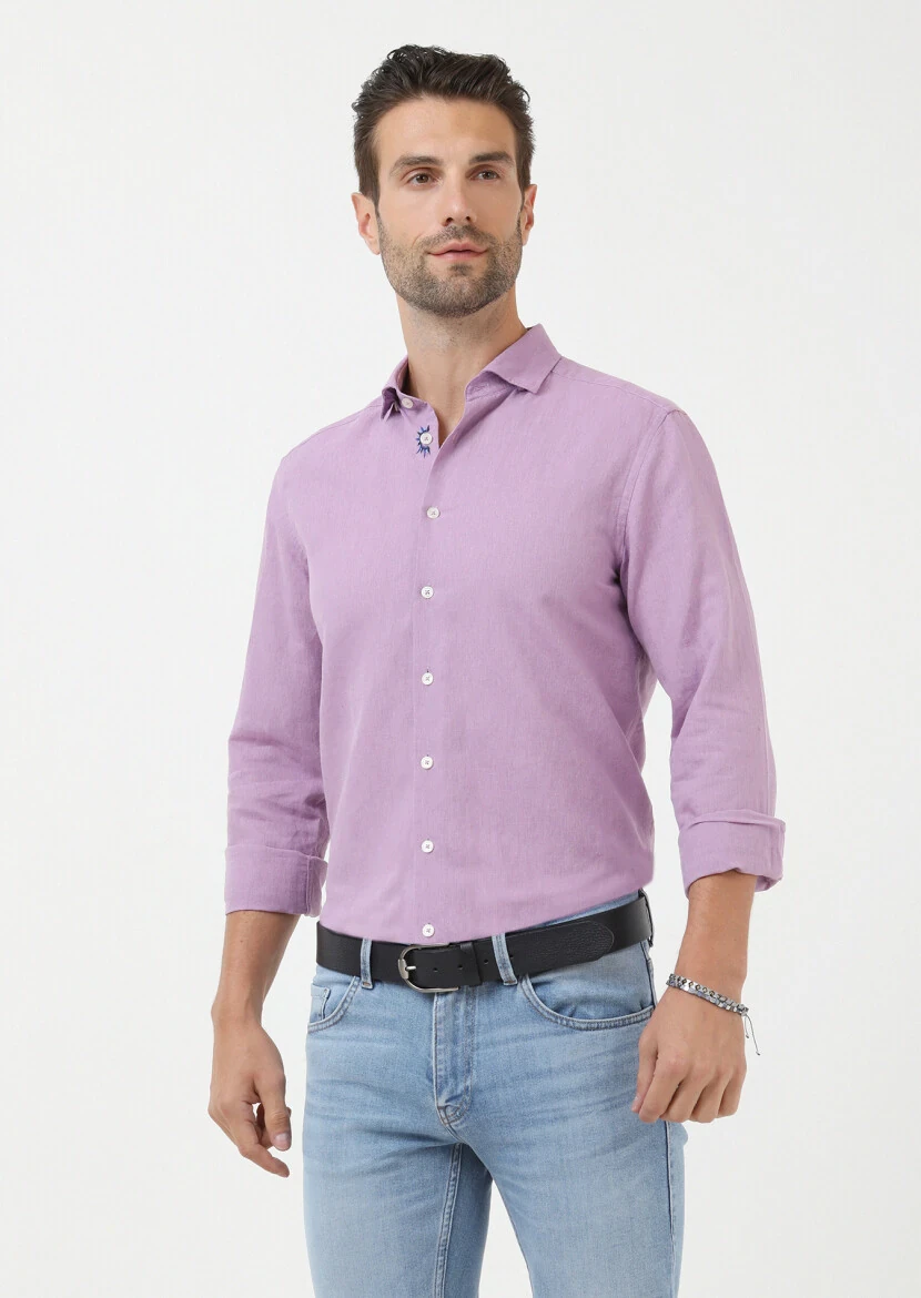 Lila Düz Regular Fit Dokuma Casual Pamuk Karışımlı Gömlek - 1