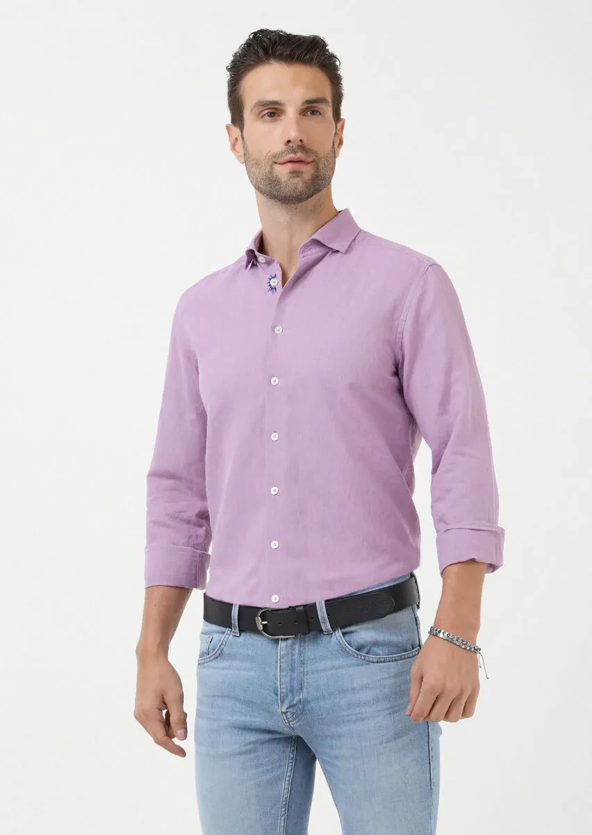 Lila Düz Regular Fit Dokuma Casual Pamuk Karışımlı Gömlek - 1