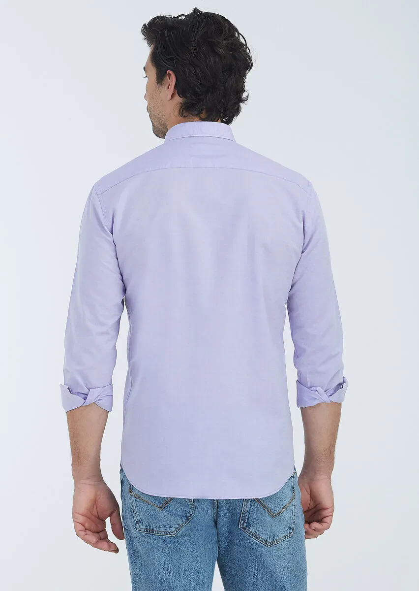 Lila Düz Regular Fit Dokuma Casual Pamuk Karışımlı Gömlek - 4