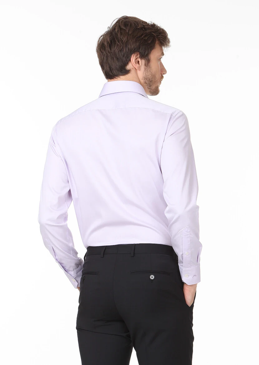 Lila Düz Regular Fit Dokuma Klasik %100 Pamuk Gömlek - 4