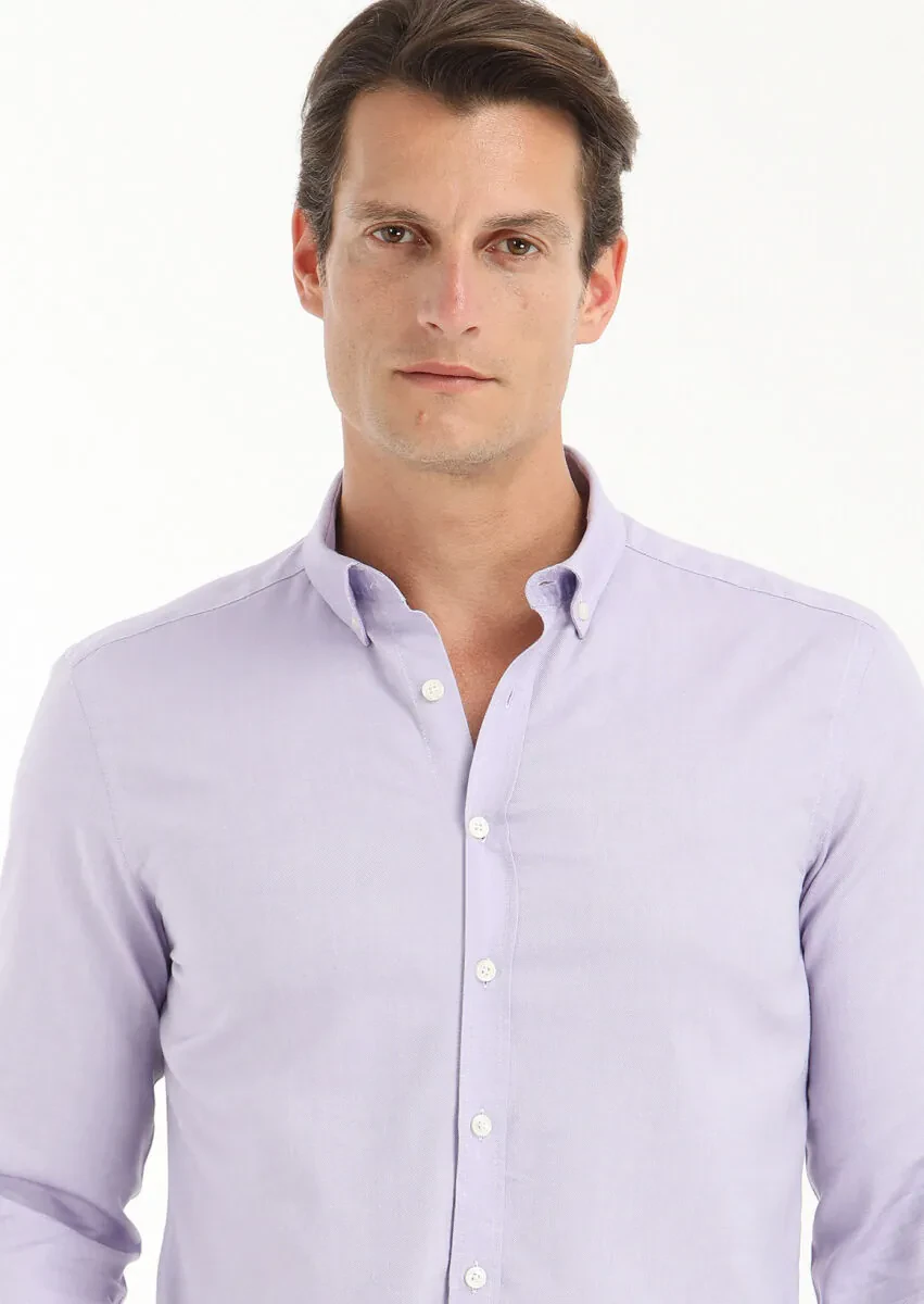 Lila Düz Slim Fit Dokuma Casual %100 Pamuk Gömlek - 3