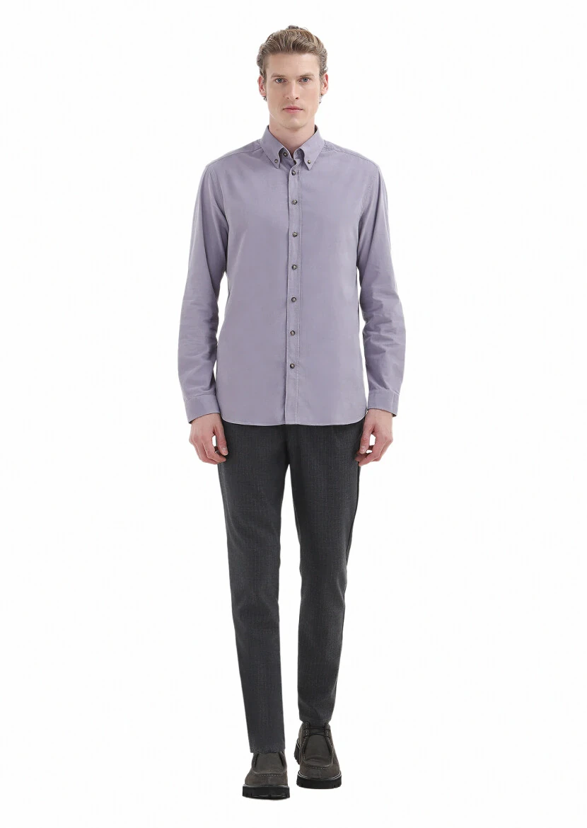 Lila Fitilli Regular Fit Dokuma Kadife Casual %100 Pamuk Gömlek 