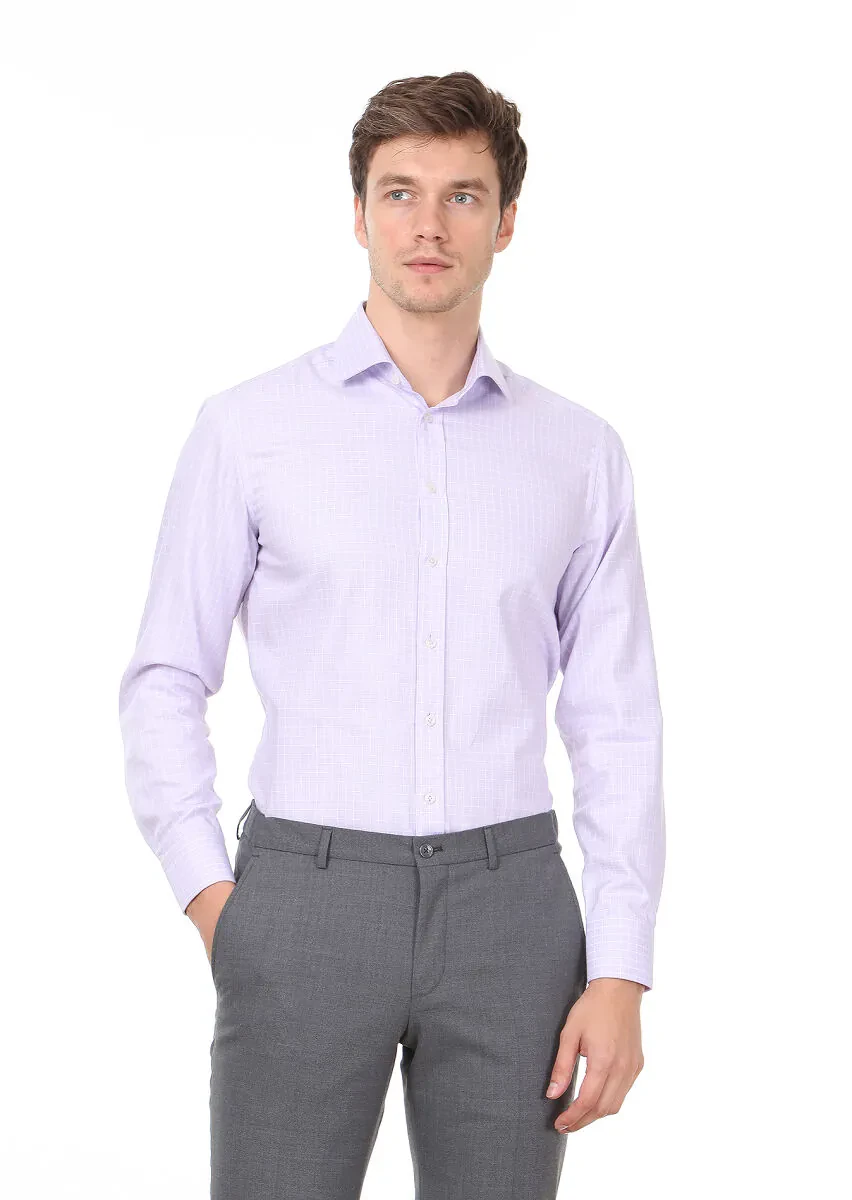 Lila Kareli Regular Fit Dokuma Klasik %100 Pamuk Gömlek - 1
