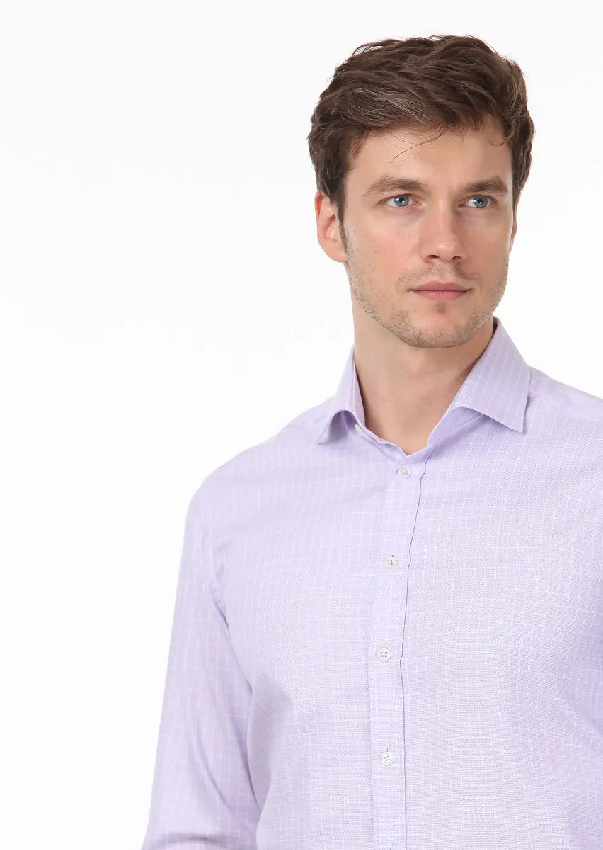 Lila Kareli Regular Fit Dokuma Klasik %100 Pamuk Gömlek - 3