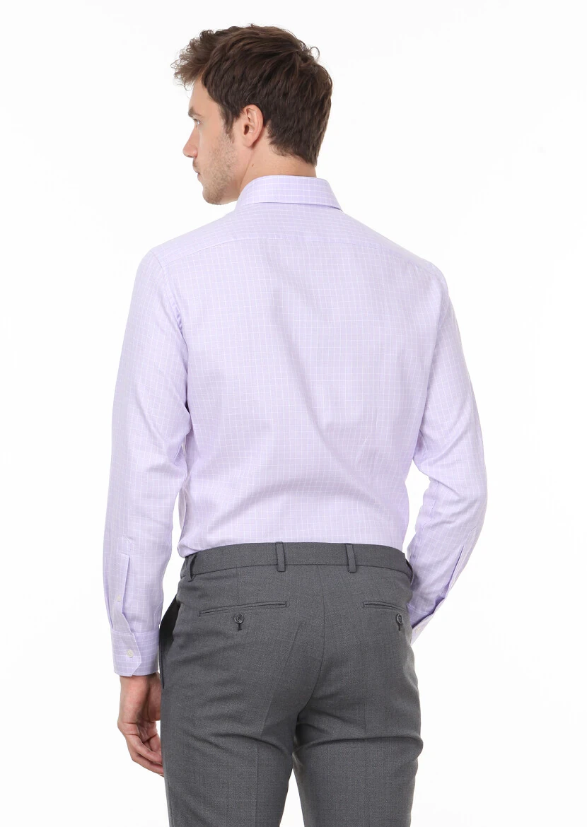 Lila Kareli Regular Fit Dokuma Klasik %100 Pamuk Gömlek - 4