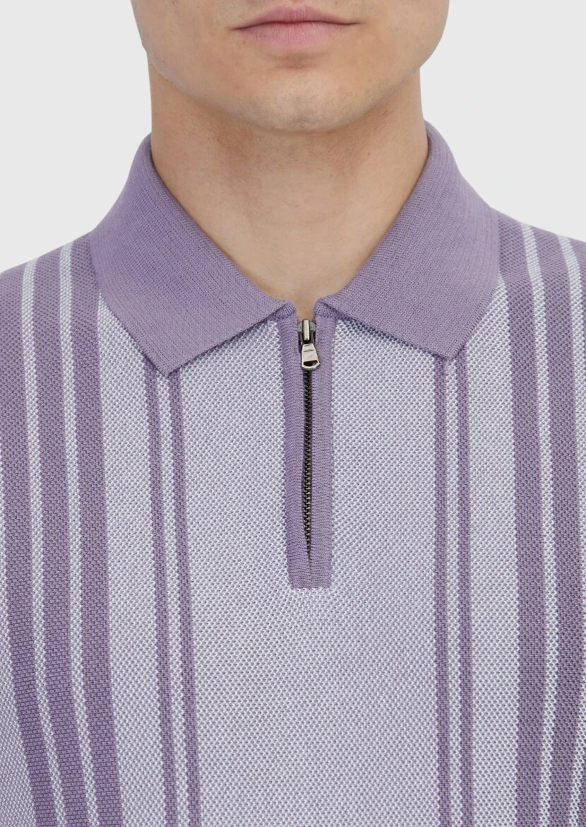 Lila Polo Yaka Çizgili Pamuk Karışımlı Triko - 5