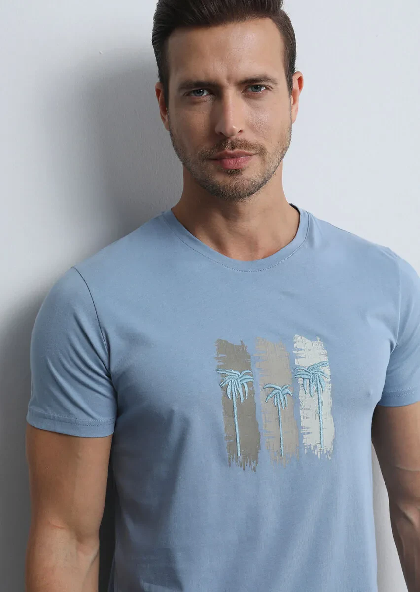 Mavi Baskılı %100 Pamuk T-Shirt - 1