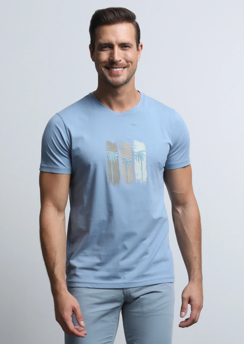 Mavi Baskılı %100 Pamuk T-Shirt - 3