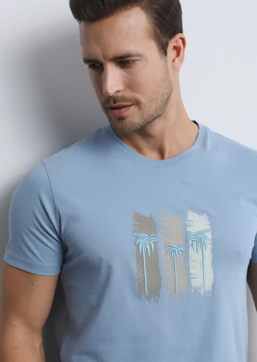 Mavi Baskılı %100 Pamuk T-Shirt - 4