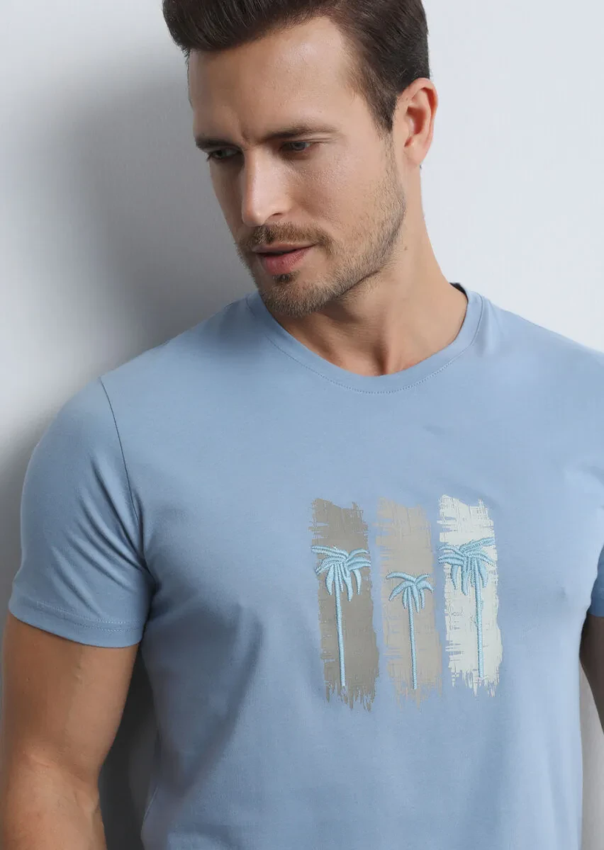 Mavi Baskılı %100 Pamuk T-Shirt - 4