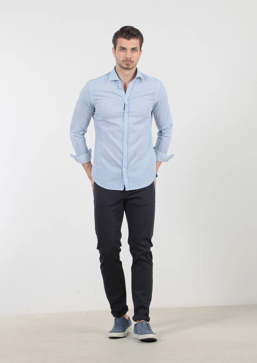 Mavi Baskılı Fitted Fit Dokuma Casual %100 Pamuk Gömlek 