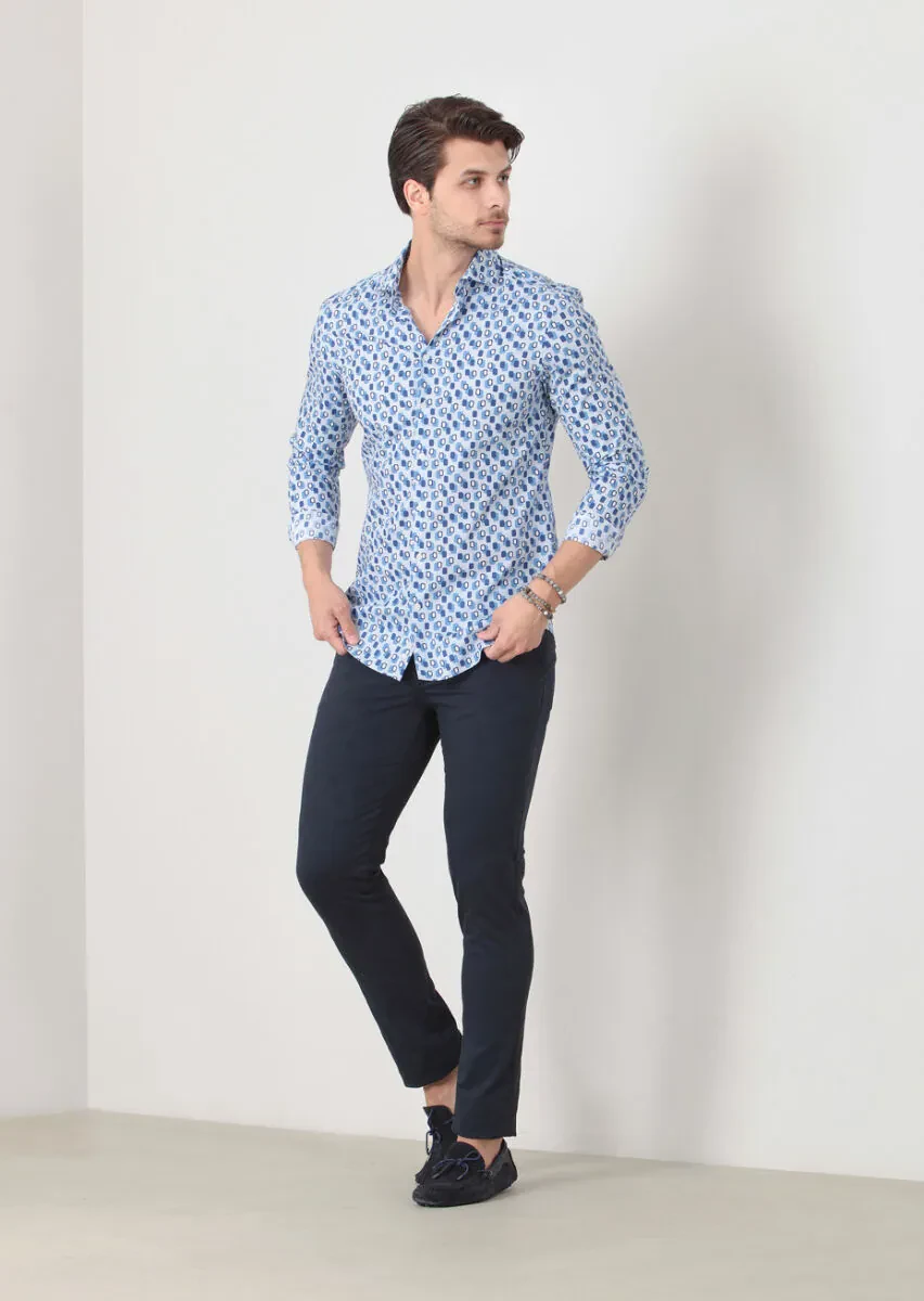 Mavi Baskılı Fitted Fit Dokuma Casual %100 Pamuk Gömlek - 1