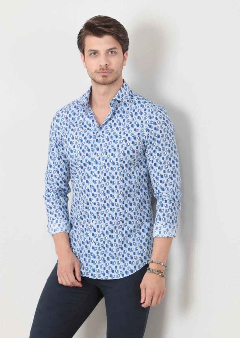 Mavi Baskılı Fitted Fit Dokuma Casual %100 Pamuk Gömlek - 2