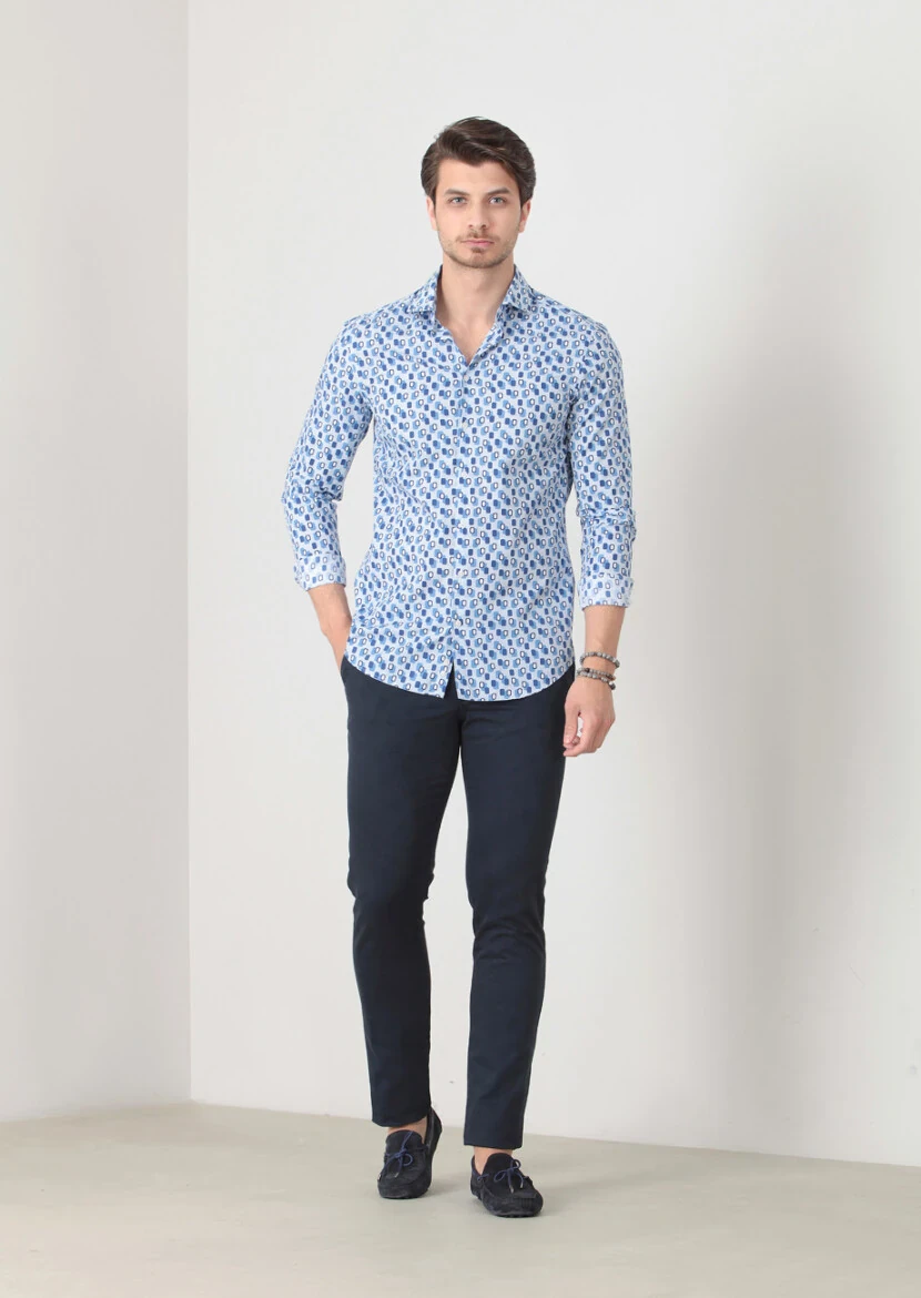 Mavi Baskılı Fitted Fit Dokuma Casual %100 Pamuk Gömlek - 3