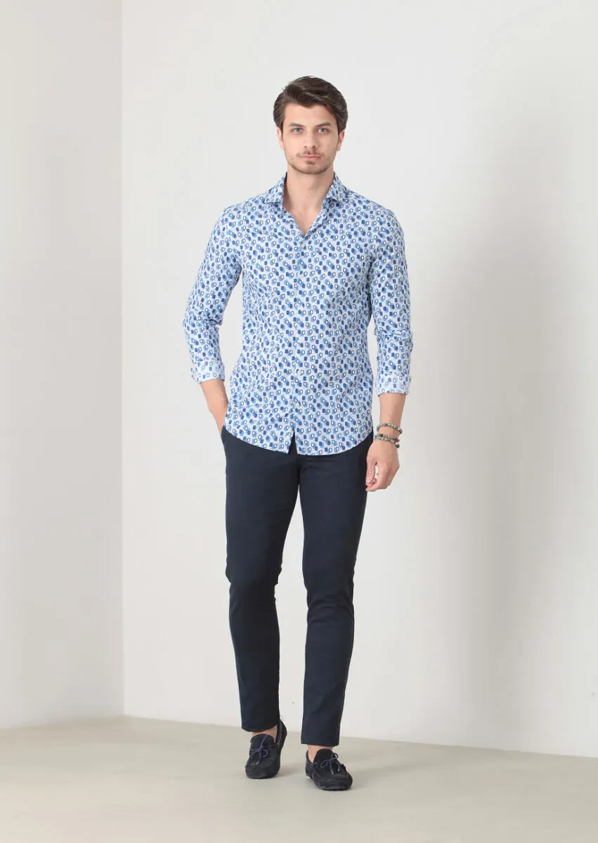 Mavi Baskılı Fitted Fit Dokuma Casual %100 Pamuk Gömlek - 3