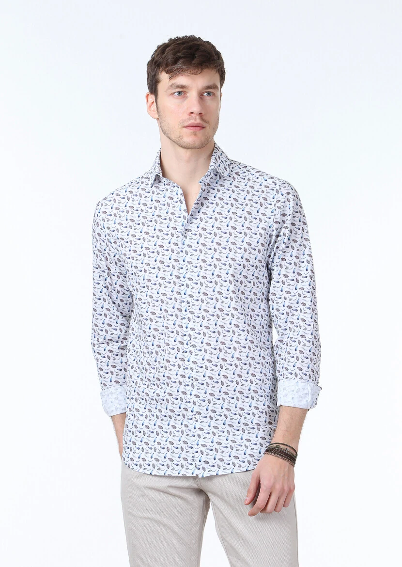 Mavi Baskılı Regular Fit Dokuma Casual %100 Pamuk Gömlek - 1