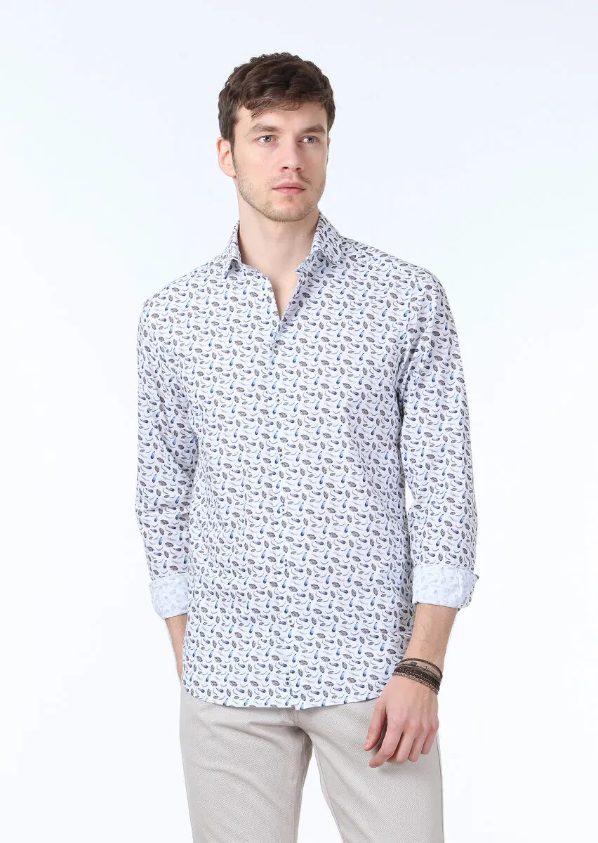 Mavi Baskılı Regular Fit Dokuma Casual %100 Pamuk Gömlek - 1