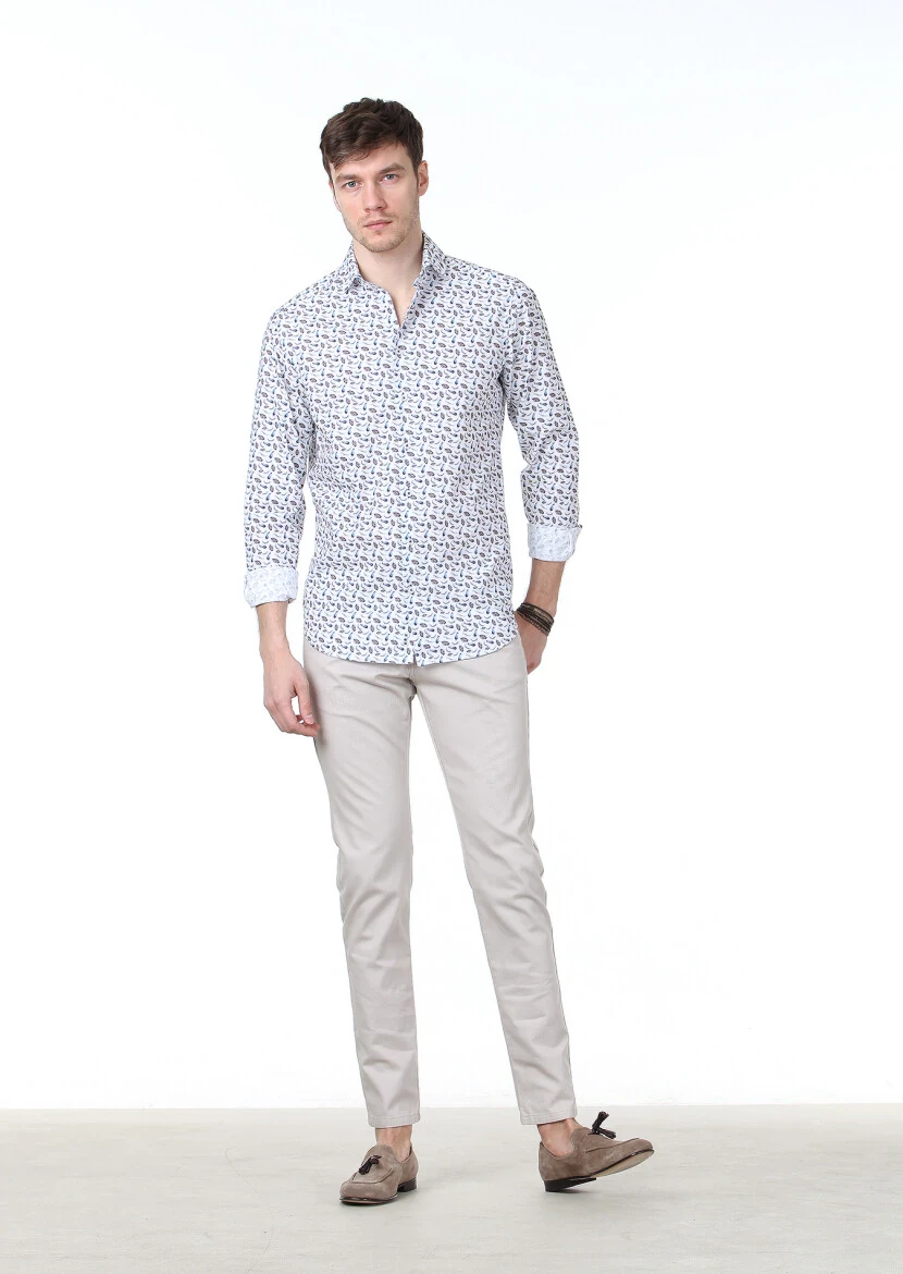 Mavi Baskılı Regular Fit Dokuma Casual %100 Pamuk Gömlek 