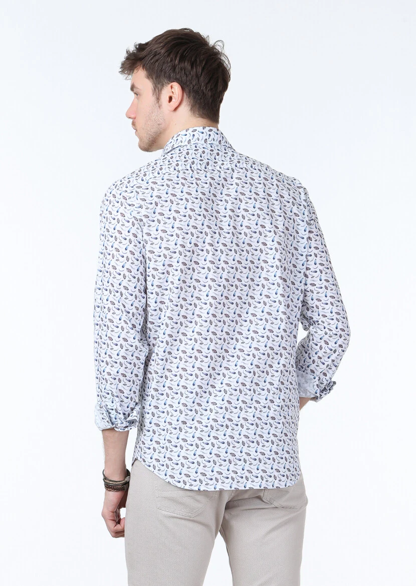 Mavi Baskılı Regular Fit Dokuma Casual %100 Pamuk Gömlek - 4