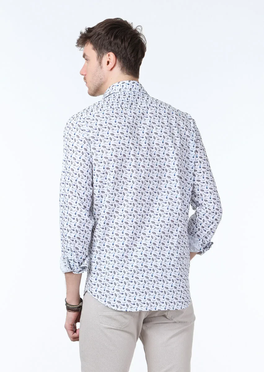 Mavi Baskılı Regular Fit Dokuma Casual %100 Pamuk Gömlek - 4