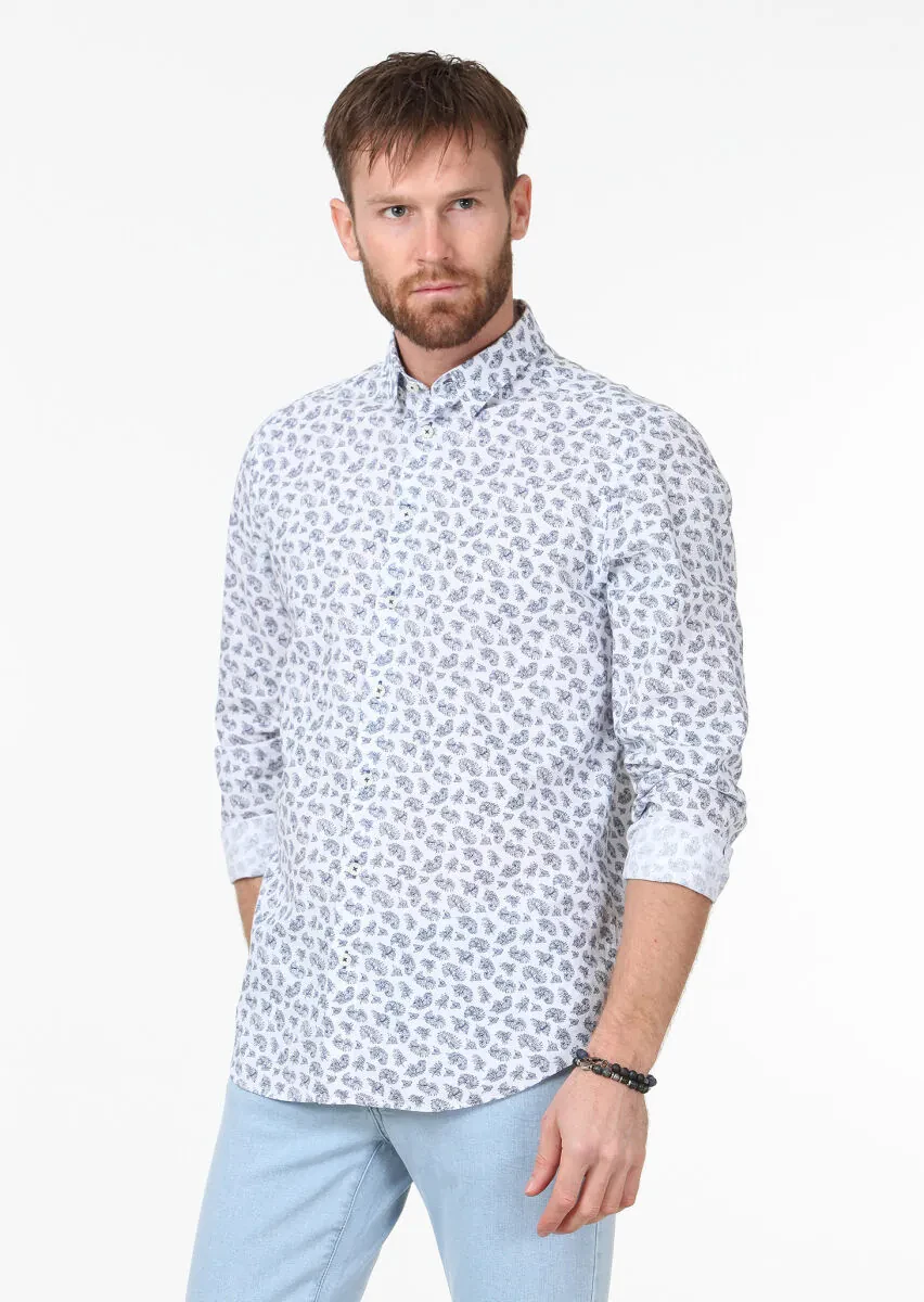 Mavi Baskılı Regular Fit Dokuma Casual Pamuk Karışımlı Gömlek - 1