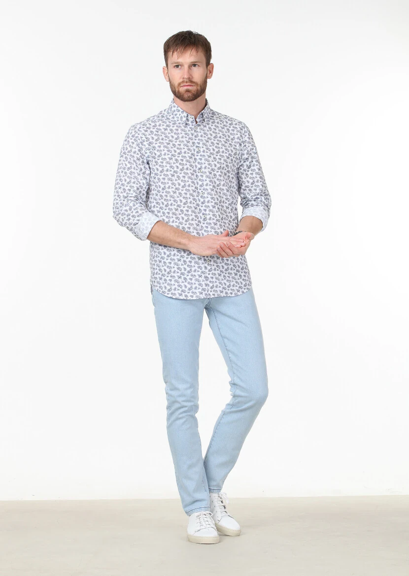 Mavi Baskılı Regular Fit Dokuma Casual Pamuk Karışımlı Gömlek 