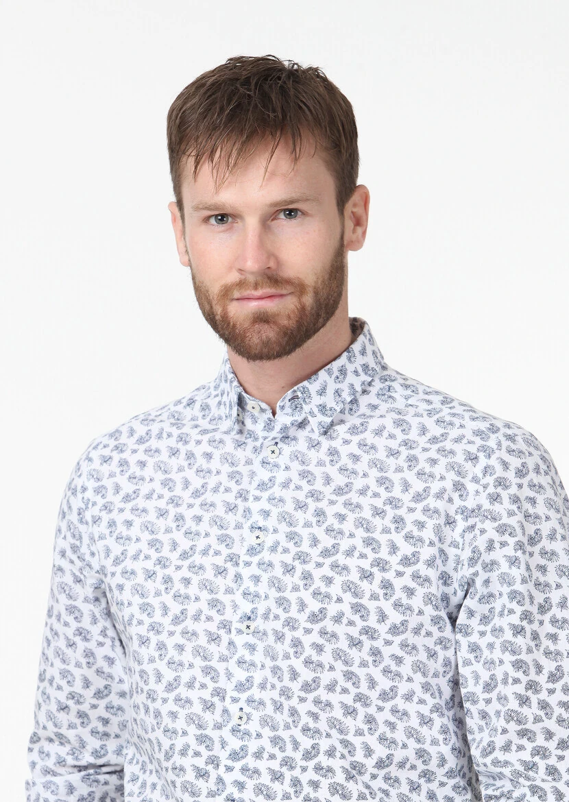 Mavi Baskılı Regular Fit Dokuma Casual Pamuk Karışımlı Gömlek - 3