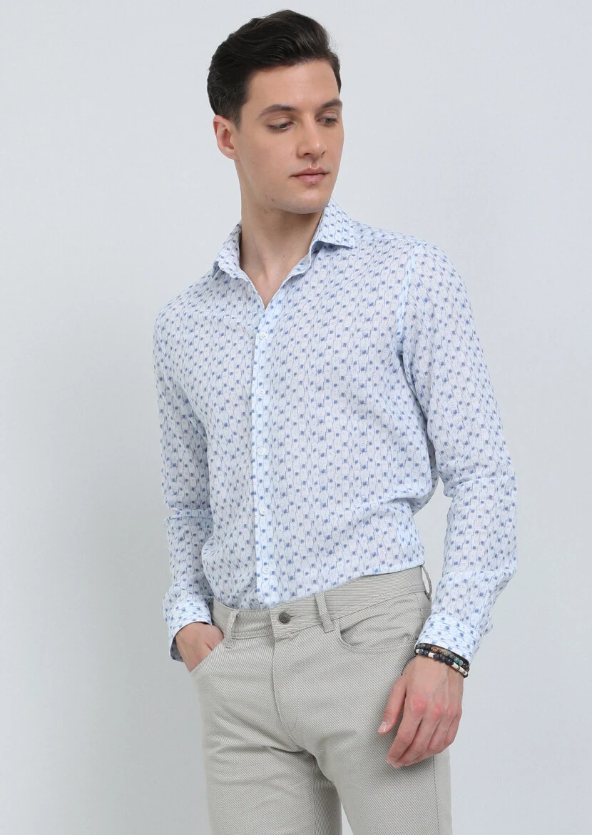 Mavi Baskılı Regular Fit Dokuma Casual Pamuk Karışımlı Gömlek - 1