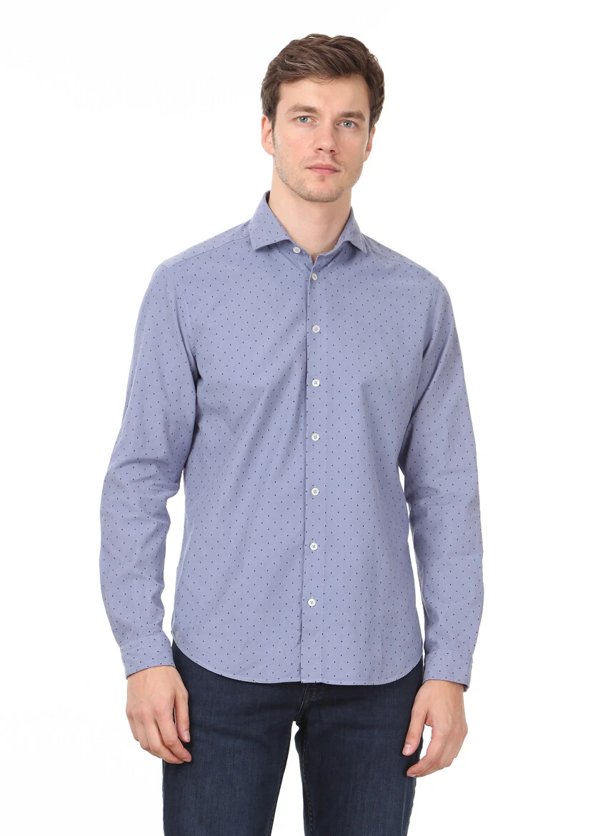 Mavi Baskılı Regular Fit Dokuma Kadife Casual %100 Pamuk Gömlek - 2