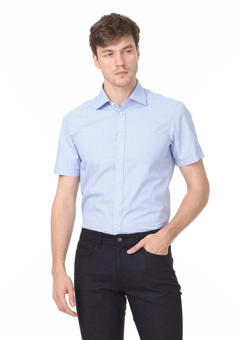 Mavi Baskılı Regular Fit Dokuma Klasik %100 Pamuk Gömlek - 1