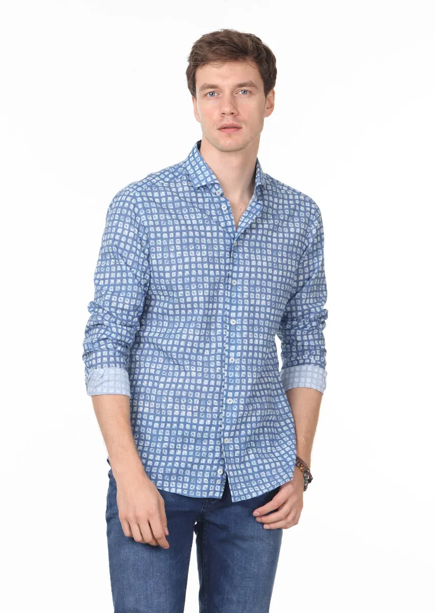 Mavi Baskılı Slim Fit Dokuma Casual %100 Pamuk Gömlek - 1