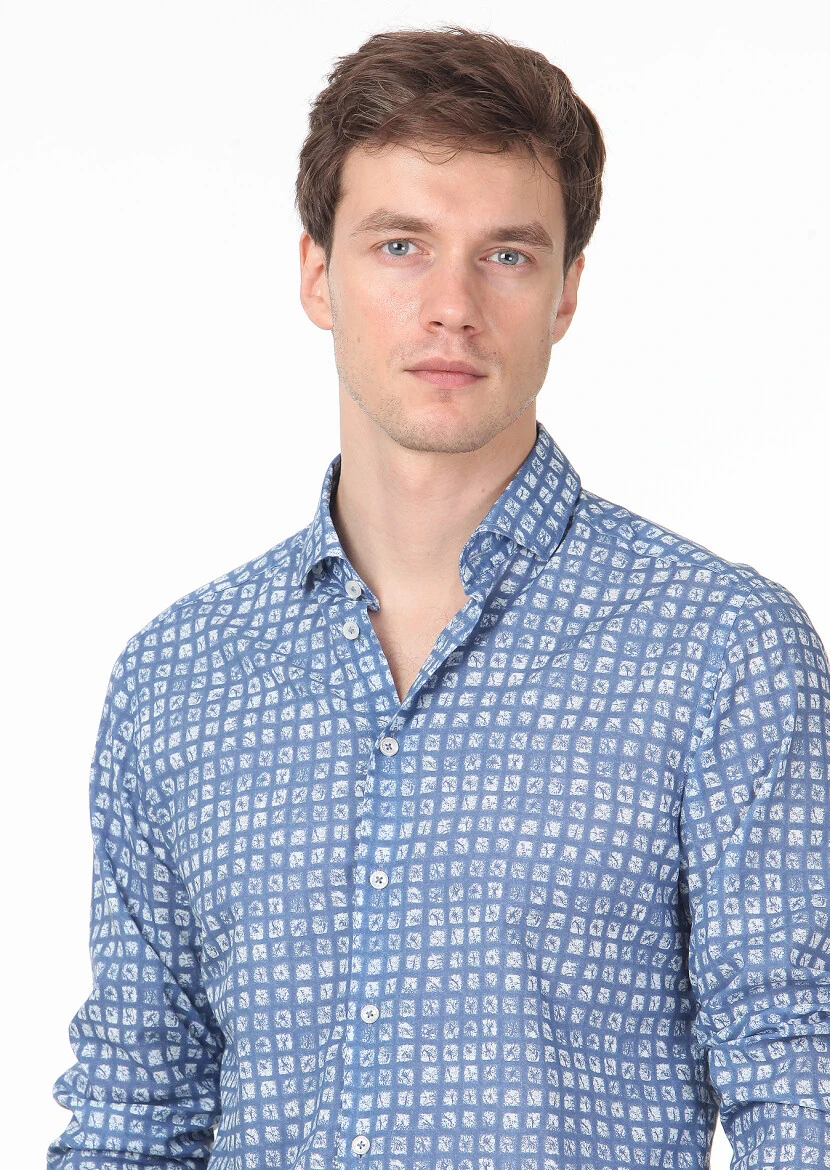 Mavi Baskılı Slim Fit Dokuma Casual %100 Pamuk Gömlek - 2