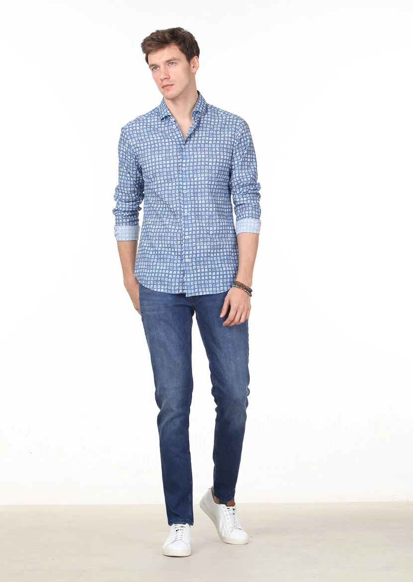 Mavi Baskılı Slim Fit Dokuma Casual %100 Pamuk Gömlek - 3