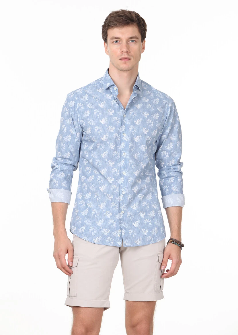 Mavi Baskılı Slim Fit Dokuma Casual %100 Pamuk Gömlek - 1