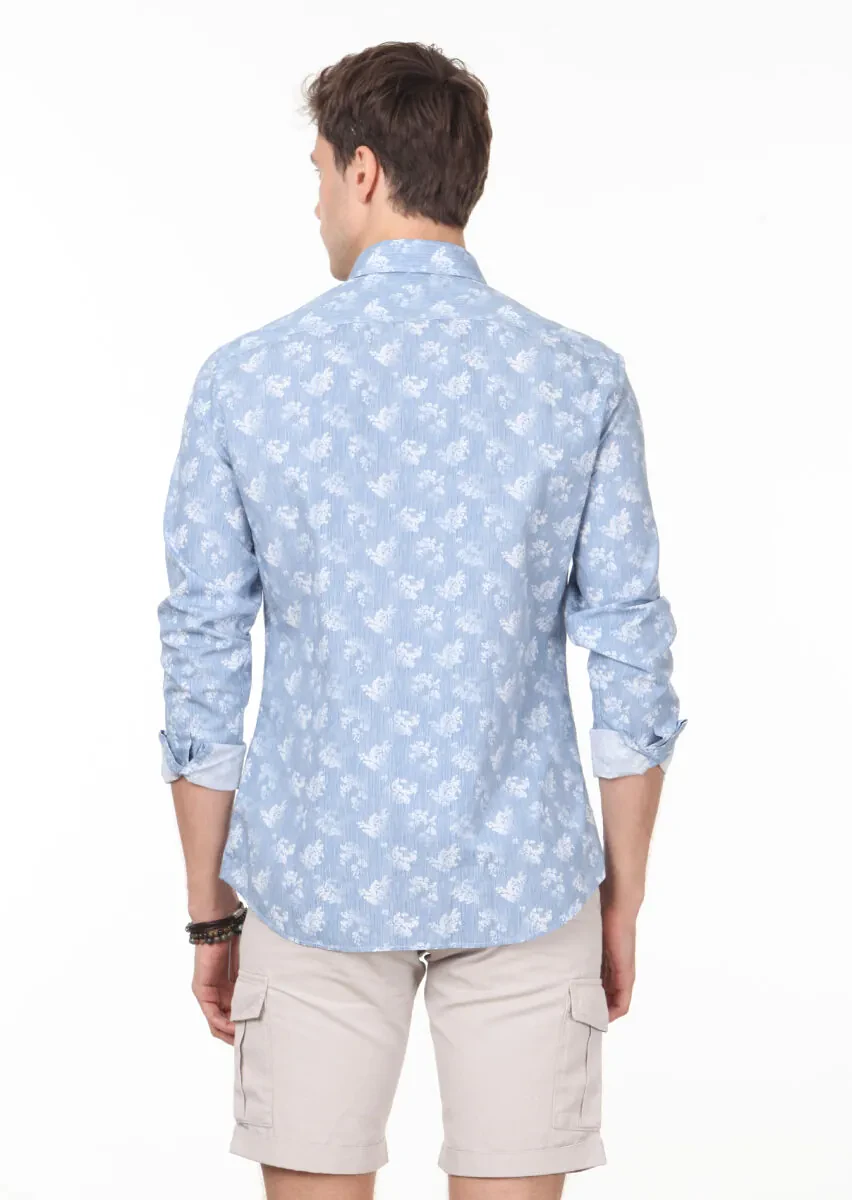 Mavi Baskılı Slim Fit Dokuma Casual %100 Pamuk Gömlek - 4