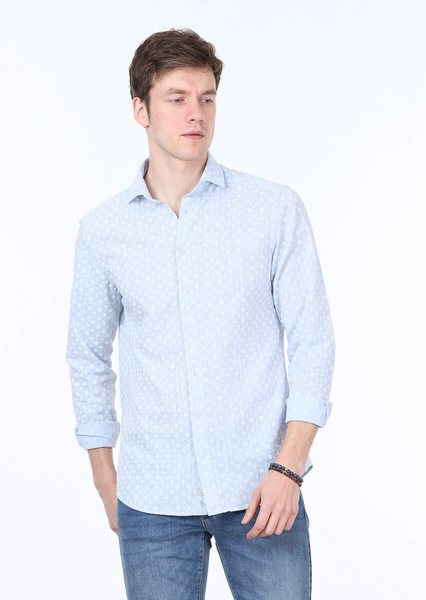 Mavi Baskılı Slim Fit Dokuma Casual Pamuk Karışımlı Gömlek - 1