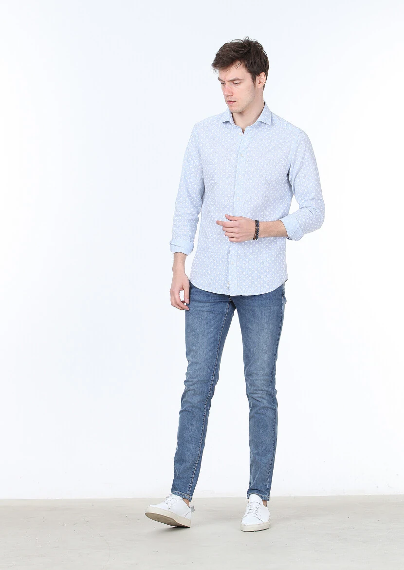 Mavi Baskılı Slim Fit Dokuma Casual Pamuk Karışımlı Gömlek - 2