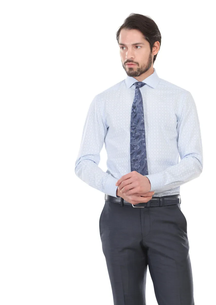 Mavi Baskılı Slim Fit Dokuma Klasik %100 Pamuk Gömlek - 1